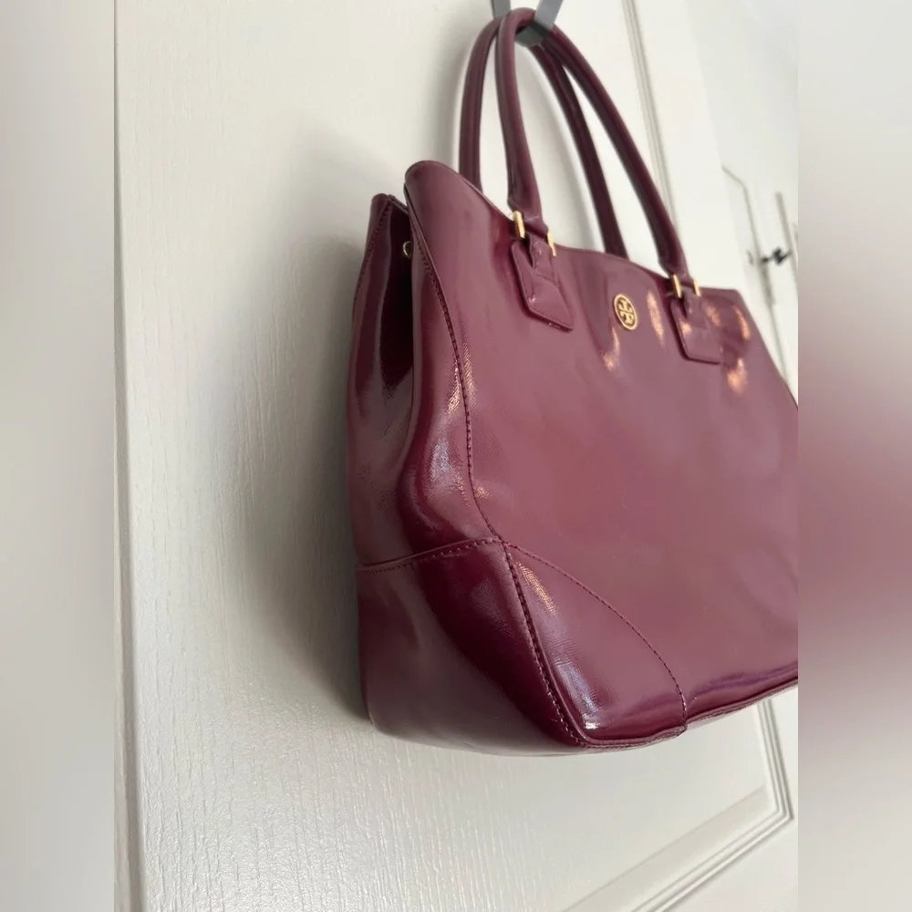 Tory Burch Burgundy Patent Leather Tote Structured Work Bag